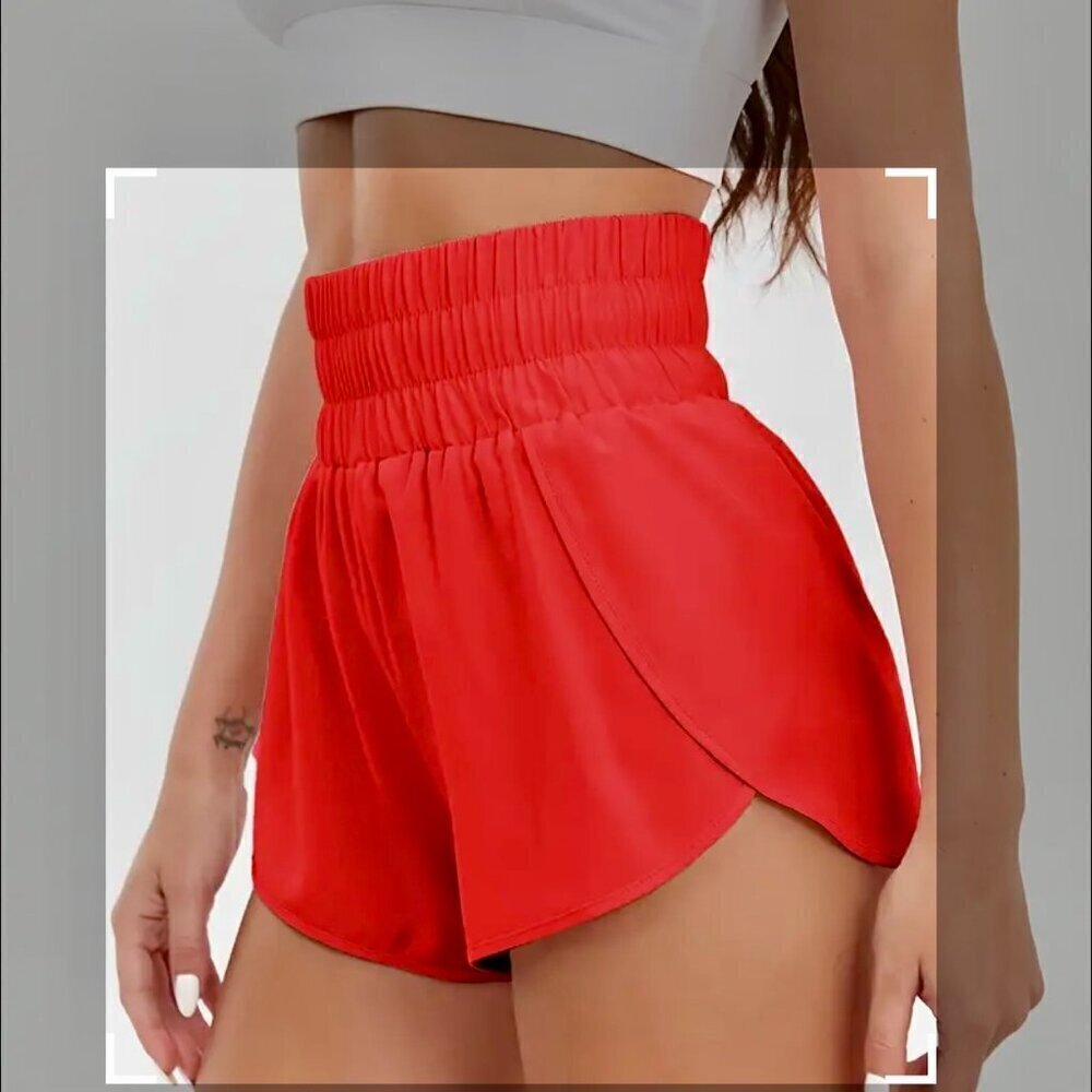 Red Athletic Running Shorts | Elastic Waist | Flowy Dolphin Hem - Picture 6 of 6